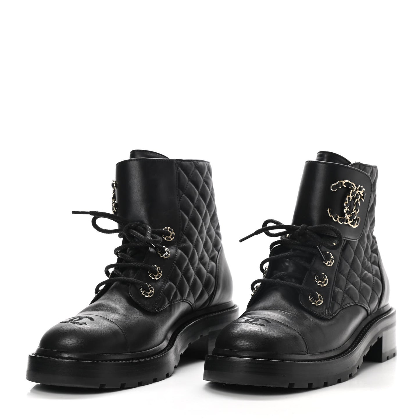 Shiny Lambskin Quilted Lace Up Combat Boots 39 Black