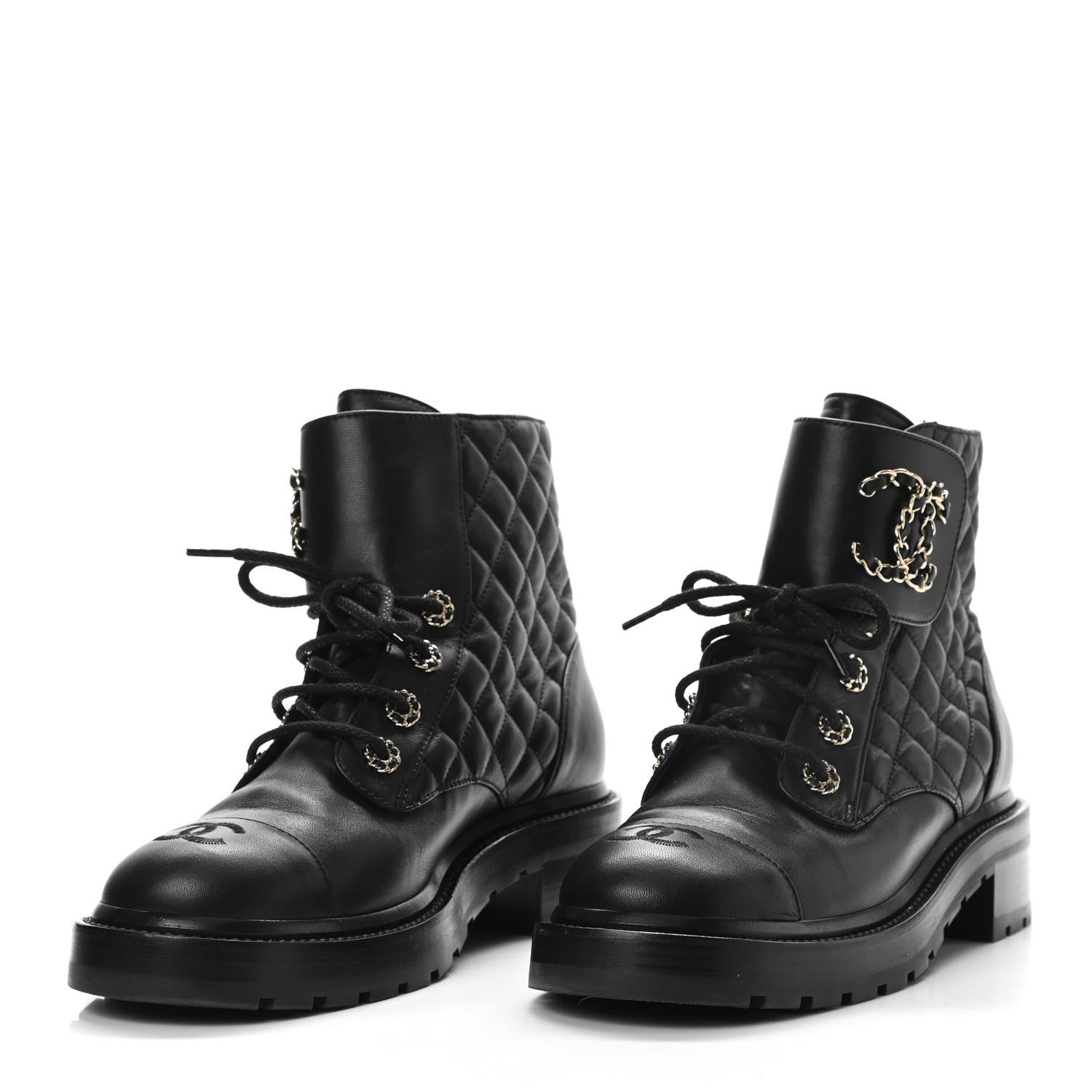 Chanel Shiny Lambskin Quilted Lace Up Combat Boots 39 Black 2 of 8