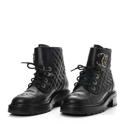 Chanel Shiny Lambskin Quilted Lace Up Combat Boots 39 Black 2 of 8