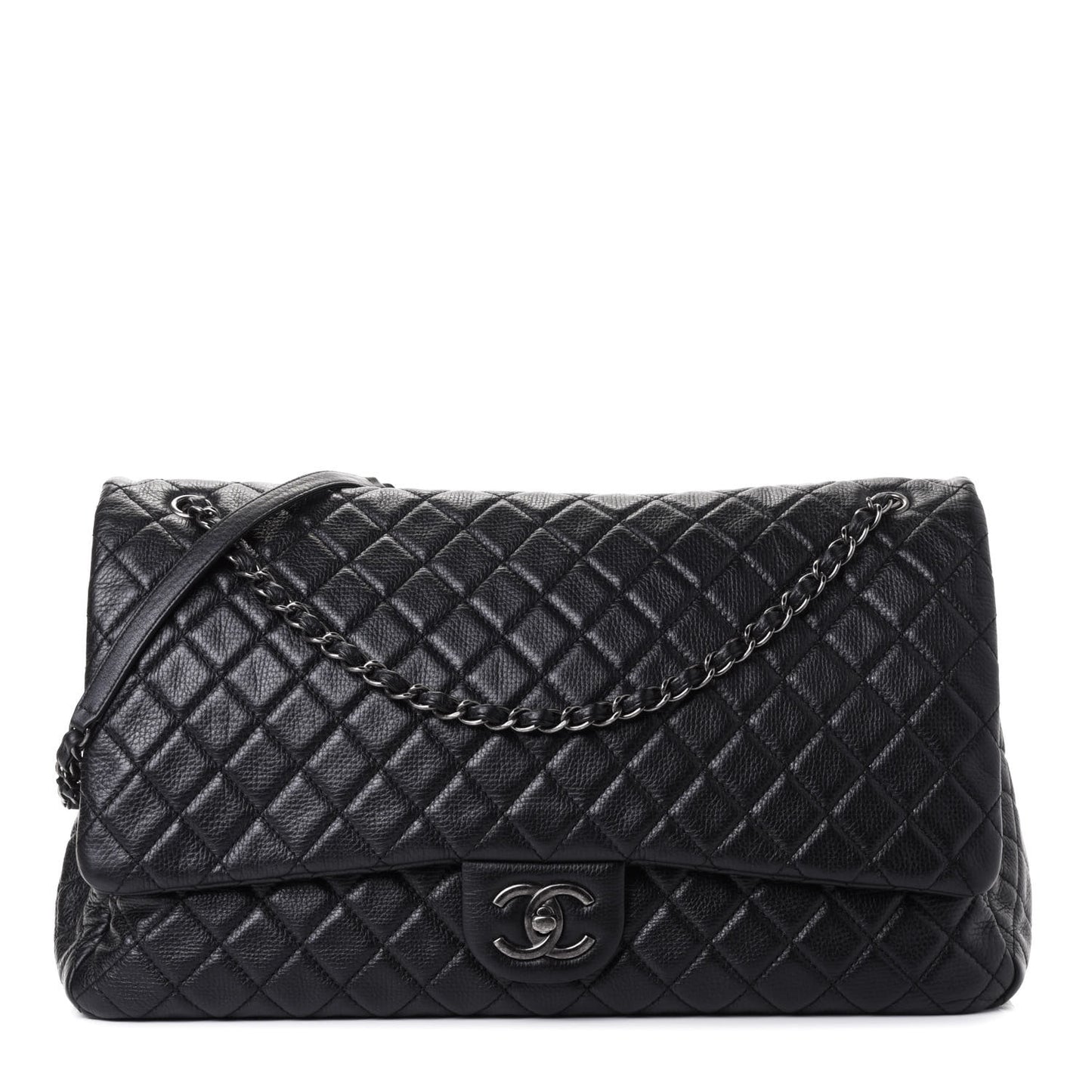 Calfskin Quilted XXL Travel Flap Bag Black