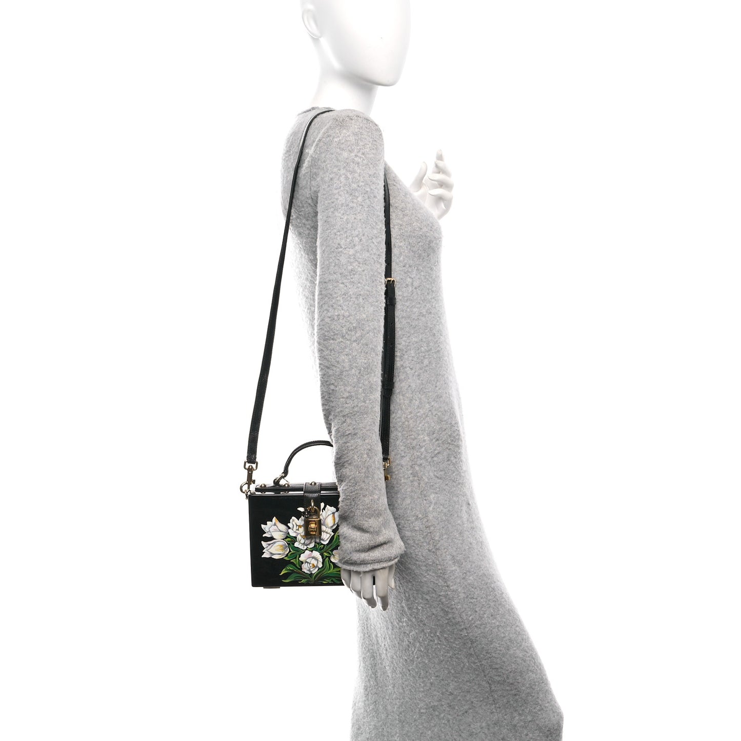 Plexiglass Calfskin Lizard Embossed Floral Box Bag Black
