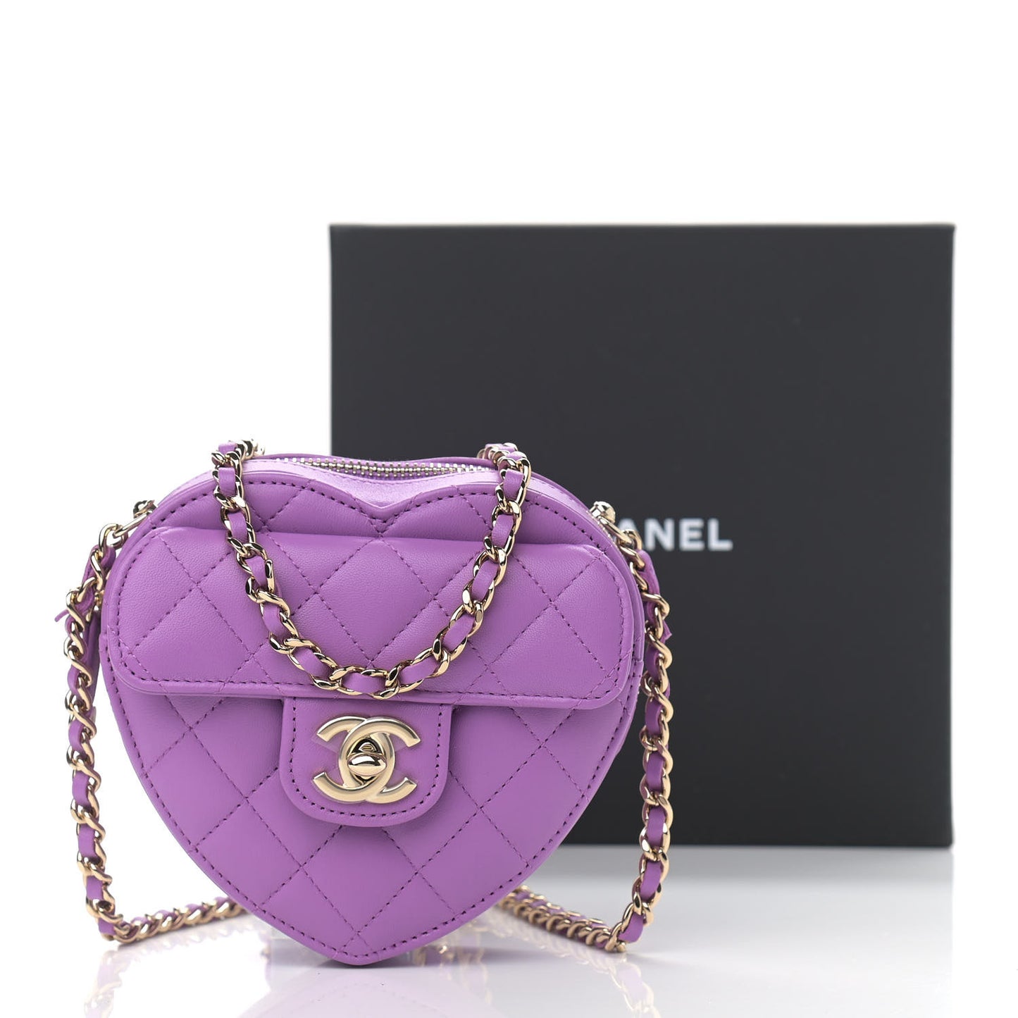 Lambskin Quilted CC In Love Heart Clutch With Chain Purple