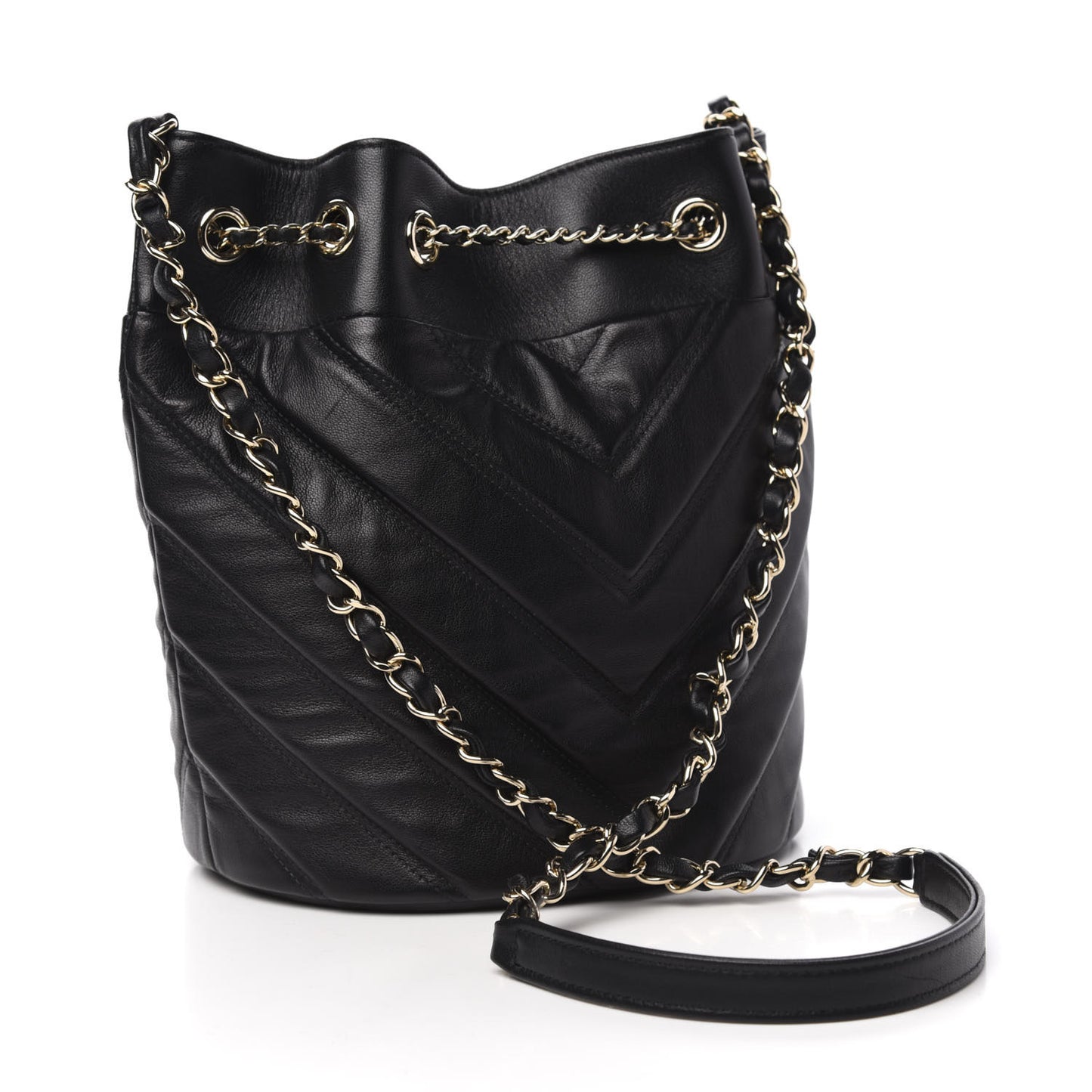 Lambskin Chevron Small Drawstring Bag Black