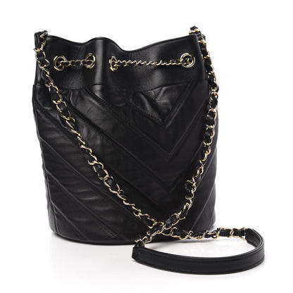 Chanel Lambskin Chevron Small Drawstring Bag Black 3 of 11