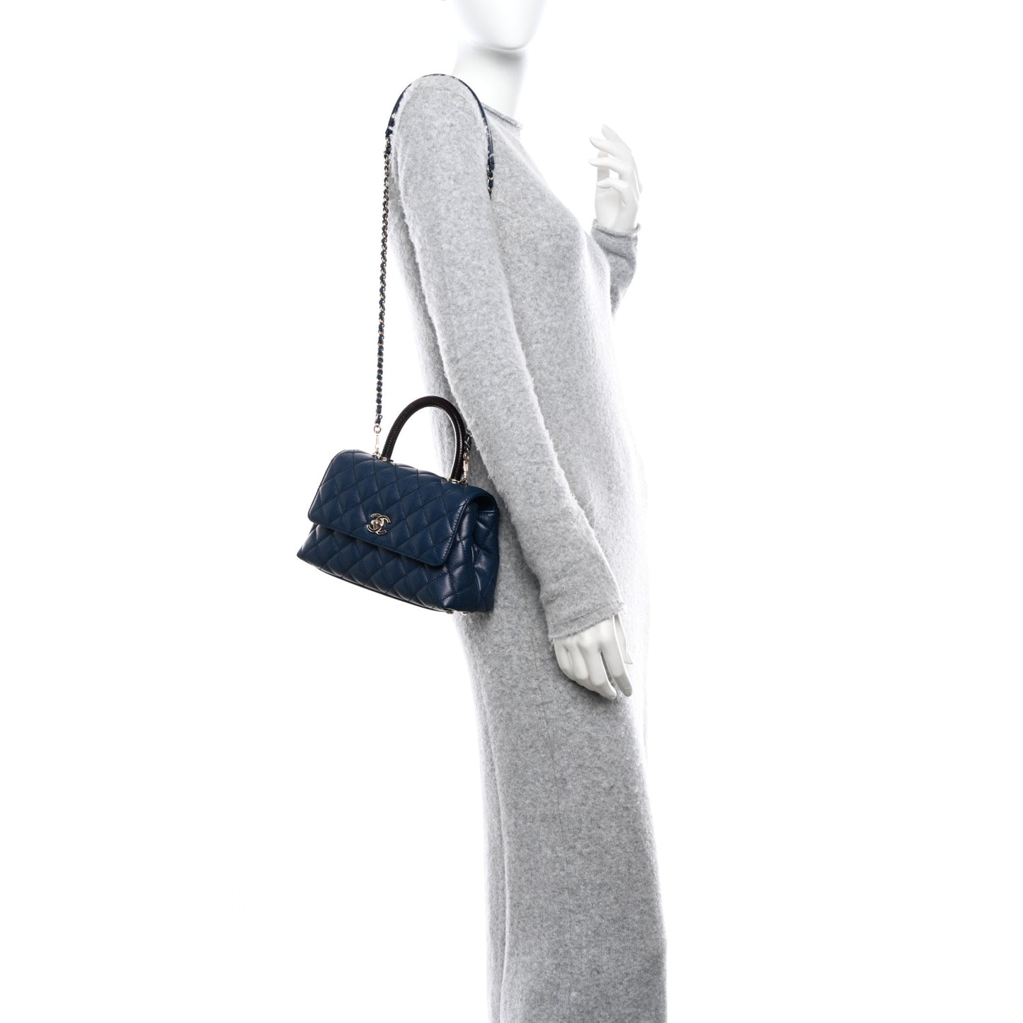 Caviar Quilted Lizard Embossed Mini Coco Handle Flap Navy Blue