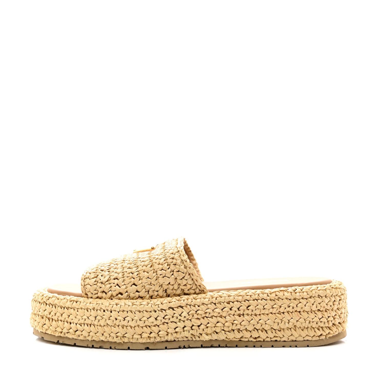 Raffia Metal Triangle Logo Woven Flatform 35mm Slide Sandals 38 Naturale