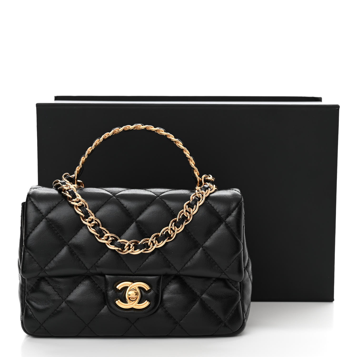 Chanel Shiny Lambskin Quilted Golden Links Top Handle Flap Black 11 of 11