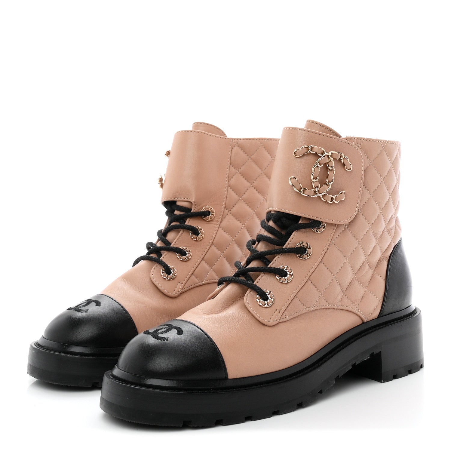 Chanel Shiny Lambskin Calfskin Quilted Lace Up Combat Boots 39.5 Beige Black 4 of 11