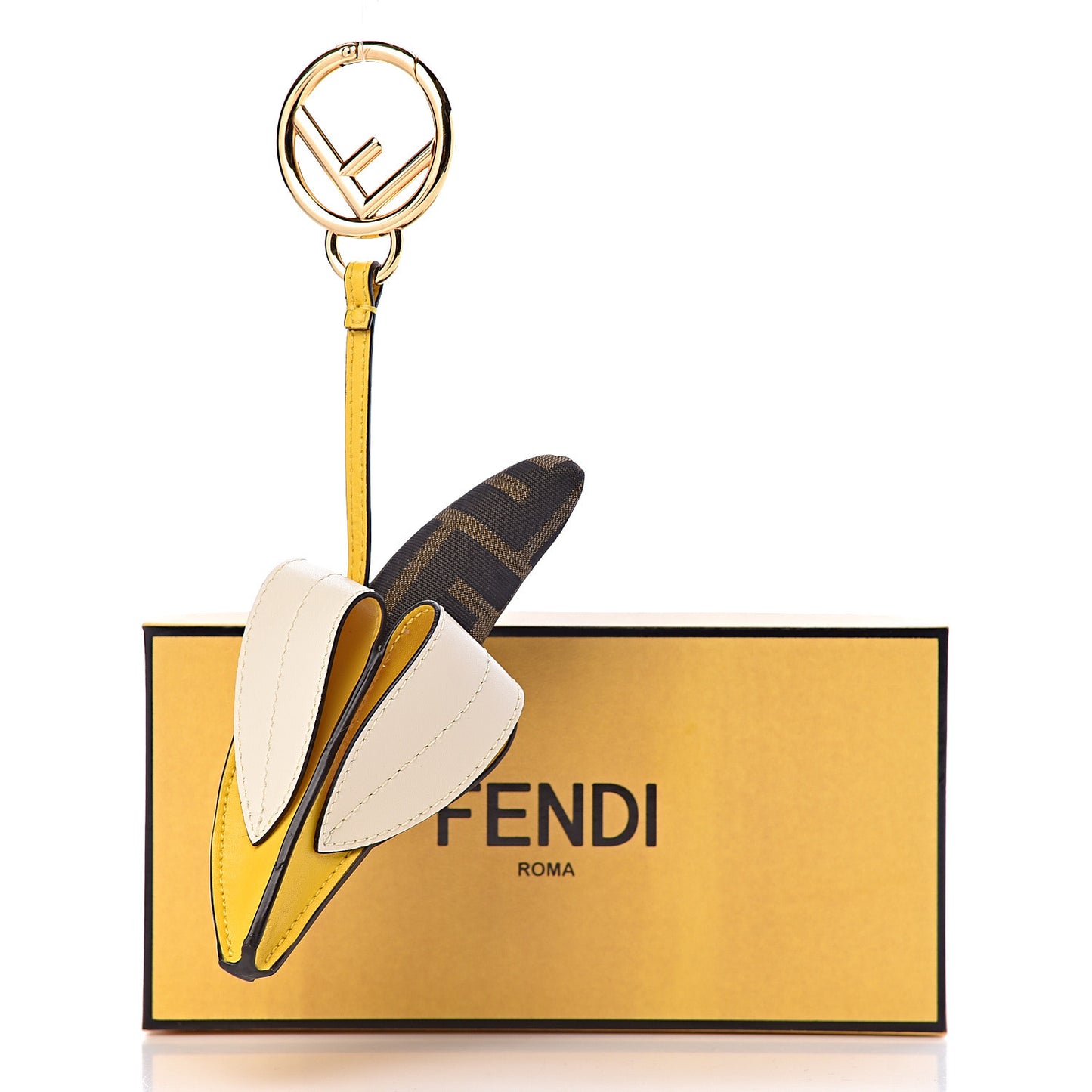 Calfskin Jacquard F is FF Banana Bag Charm Key Ring Yellow