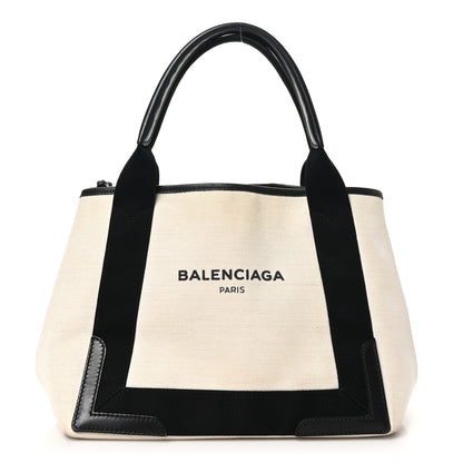 Balenciaga Cotton Canvas Satin Calfskin M Navy Cabas Natural Black 1 of 11