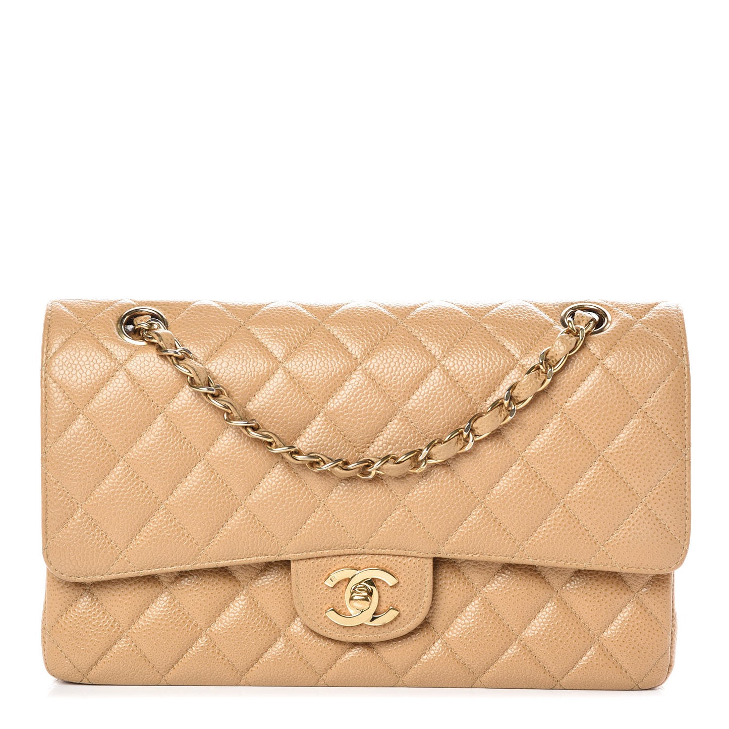 Caviar Quilted Medium Double Flap Beige