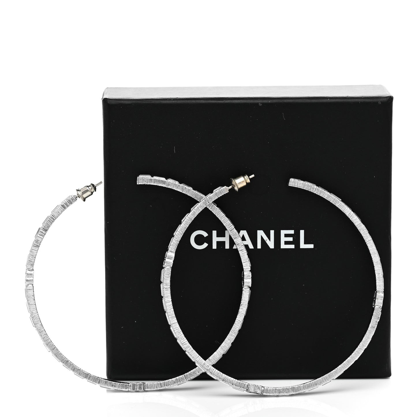 Baguette Crystal CC Hoop Earrings Silver