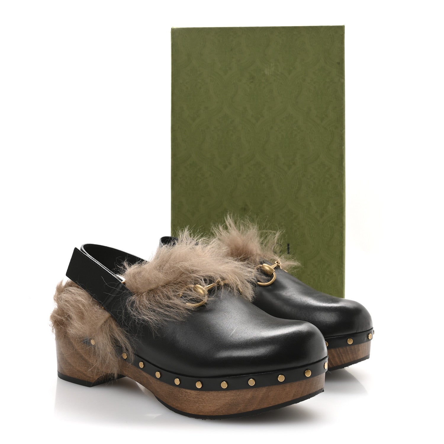 Gucci Calfskin Fur Horsebit Amstel Slingback Clogs 40 Black Naturale 8 of 8