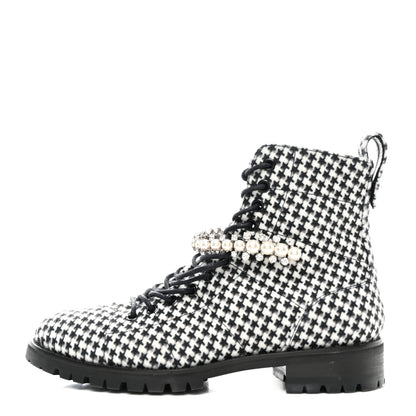 Jimmy Choo Houndstooth Crystal Embellished Cruz Combat Boots 38 Black White 1 of 7