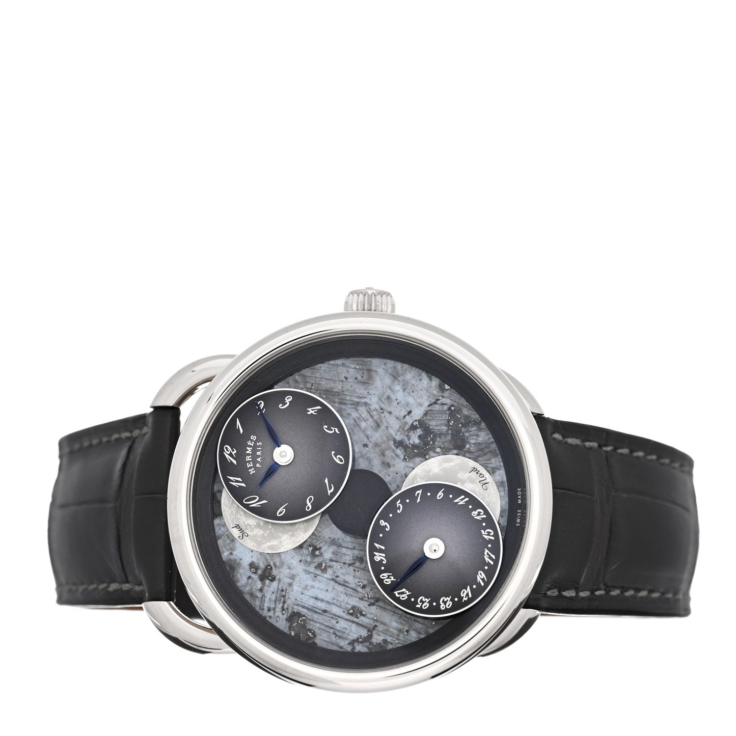 18K White Gold Alligator Blue Mother of Pearl 43mm Arceau L'Heure De La Lune Moon Phase Automatic Watch Graphite