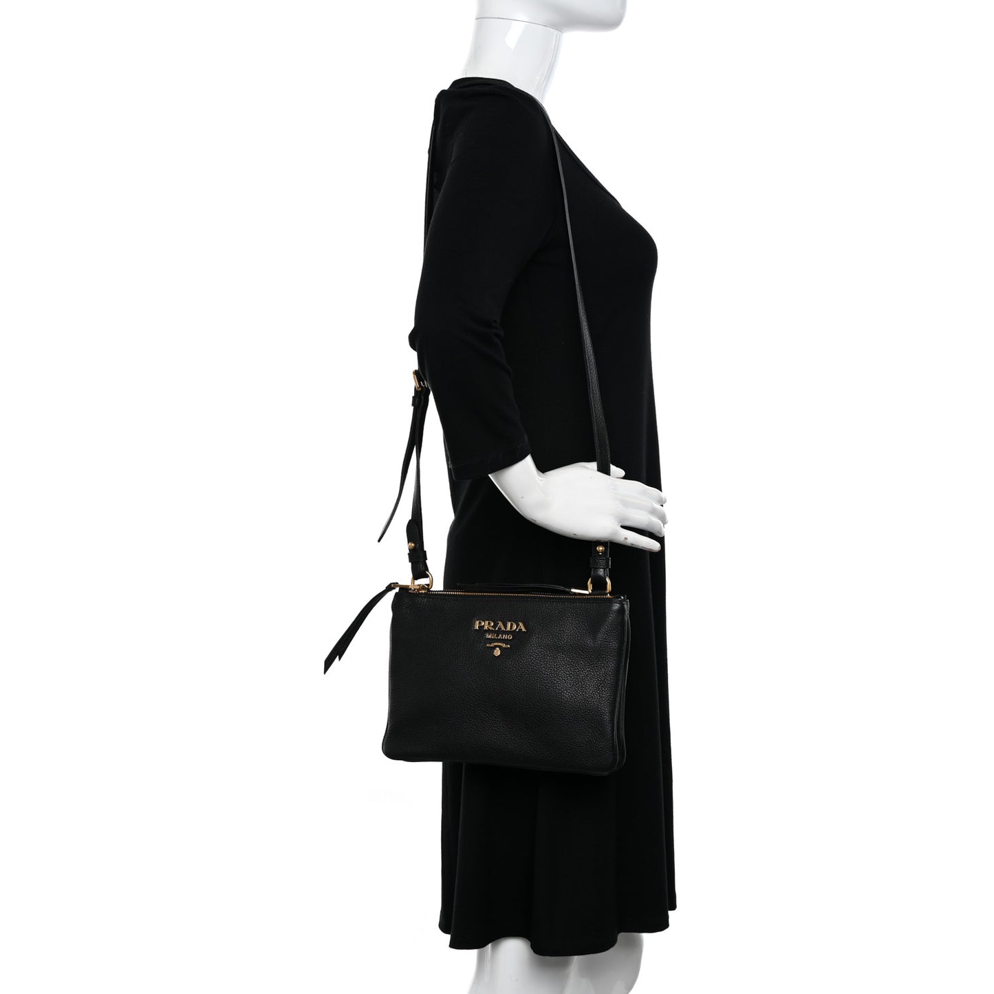 Vitello Phenix Double Zip Crossbody Bag Black