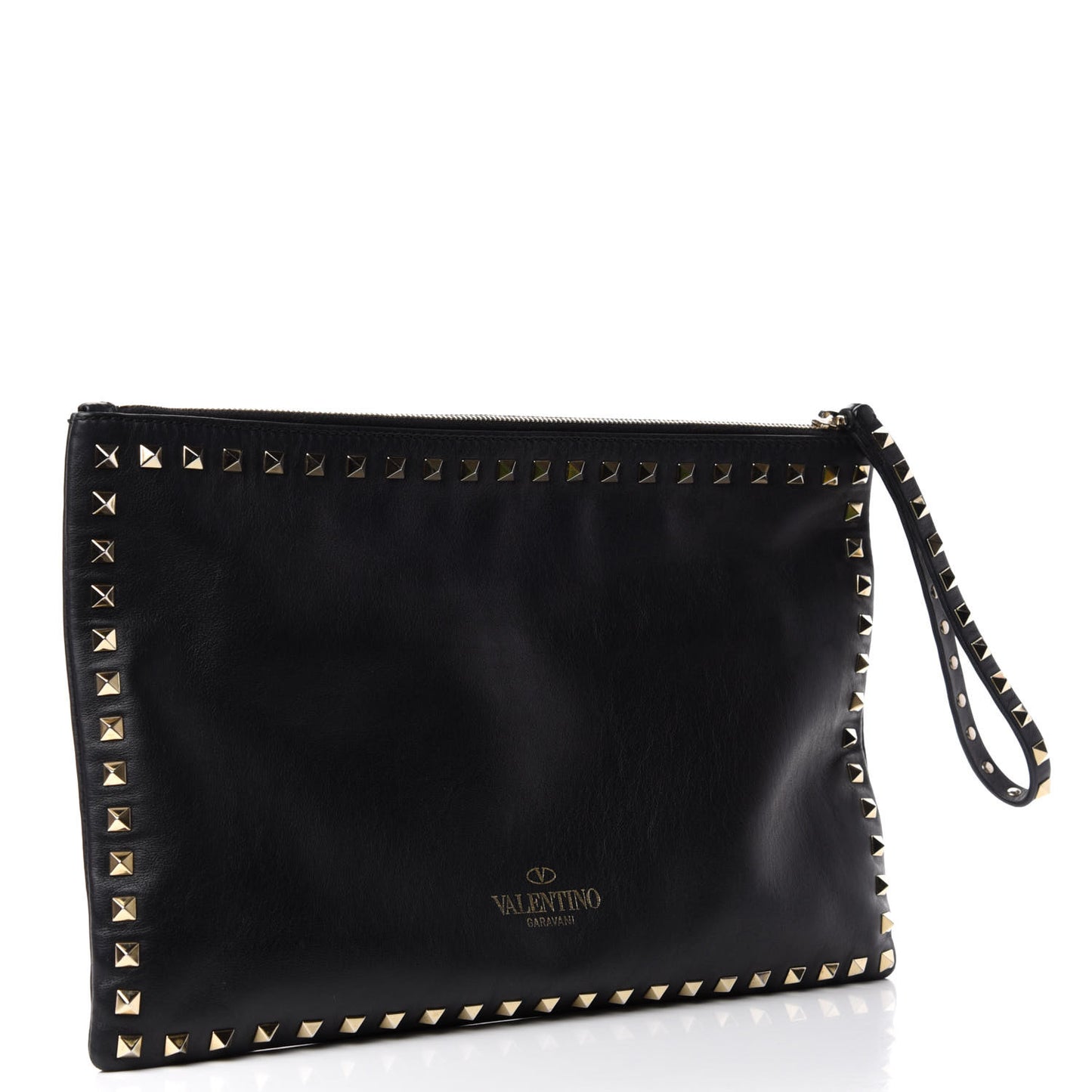 Vitello Large Rockstud Zip Wristlet Pouch Black