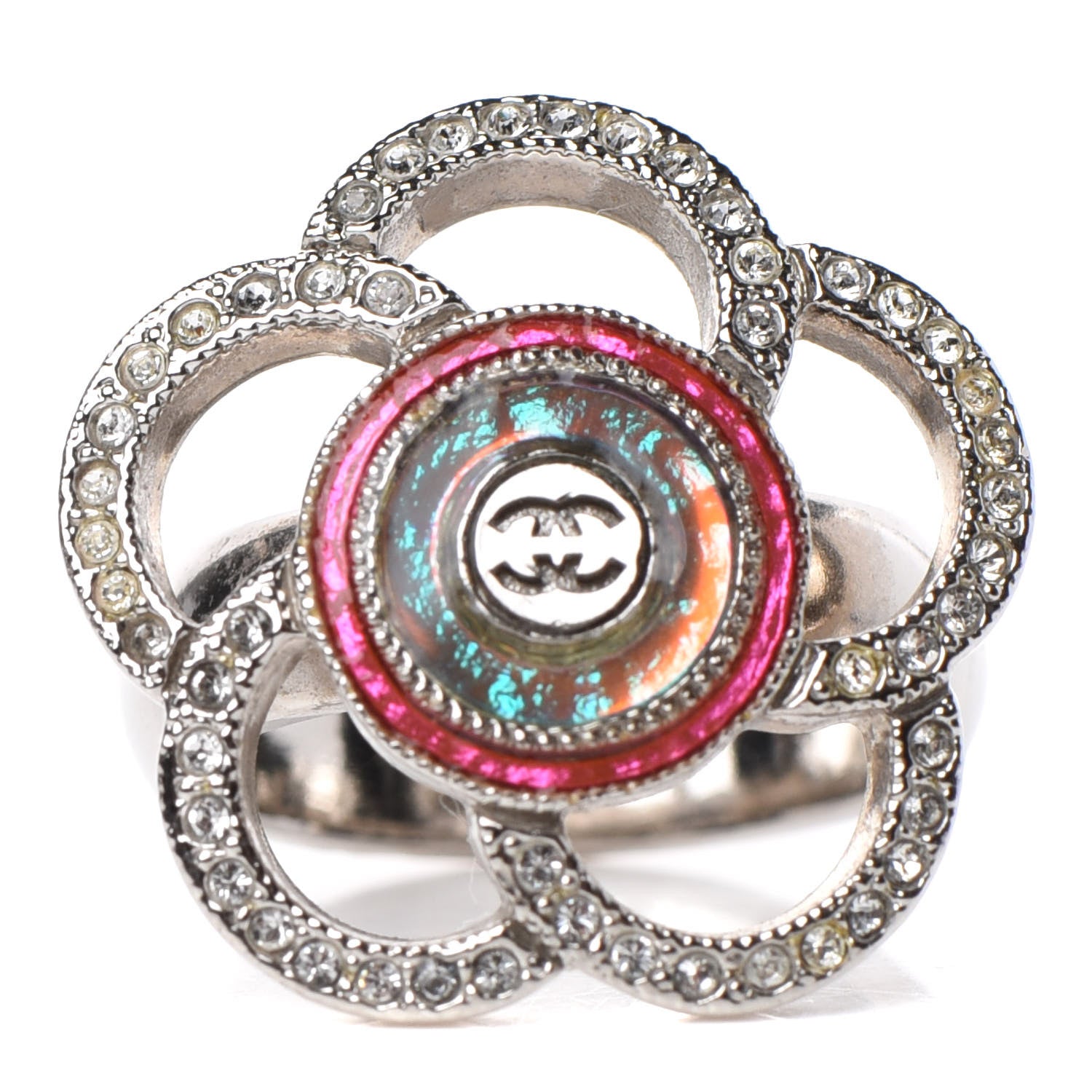 Chanel Crystal Camellia Ring 5.25 Silver 1 of 6