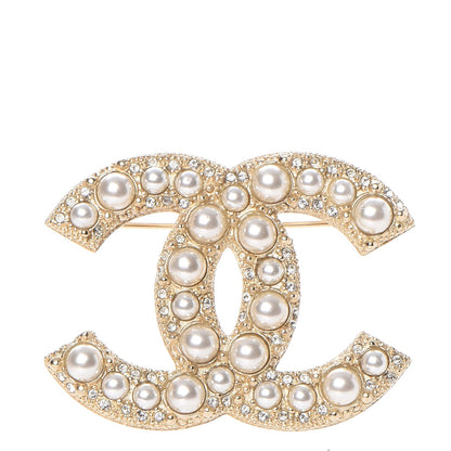 Chanel Pearl Crystal CC Brooch Gold 1 of 5