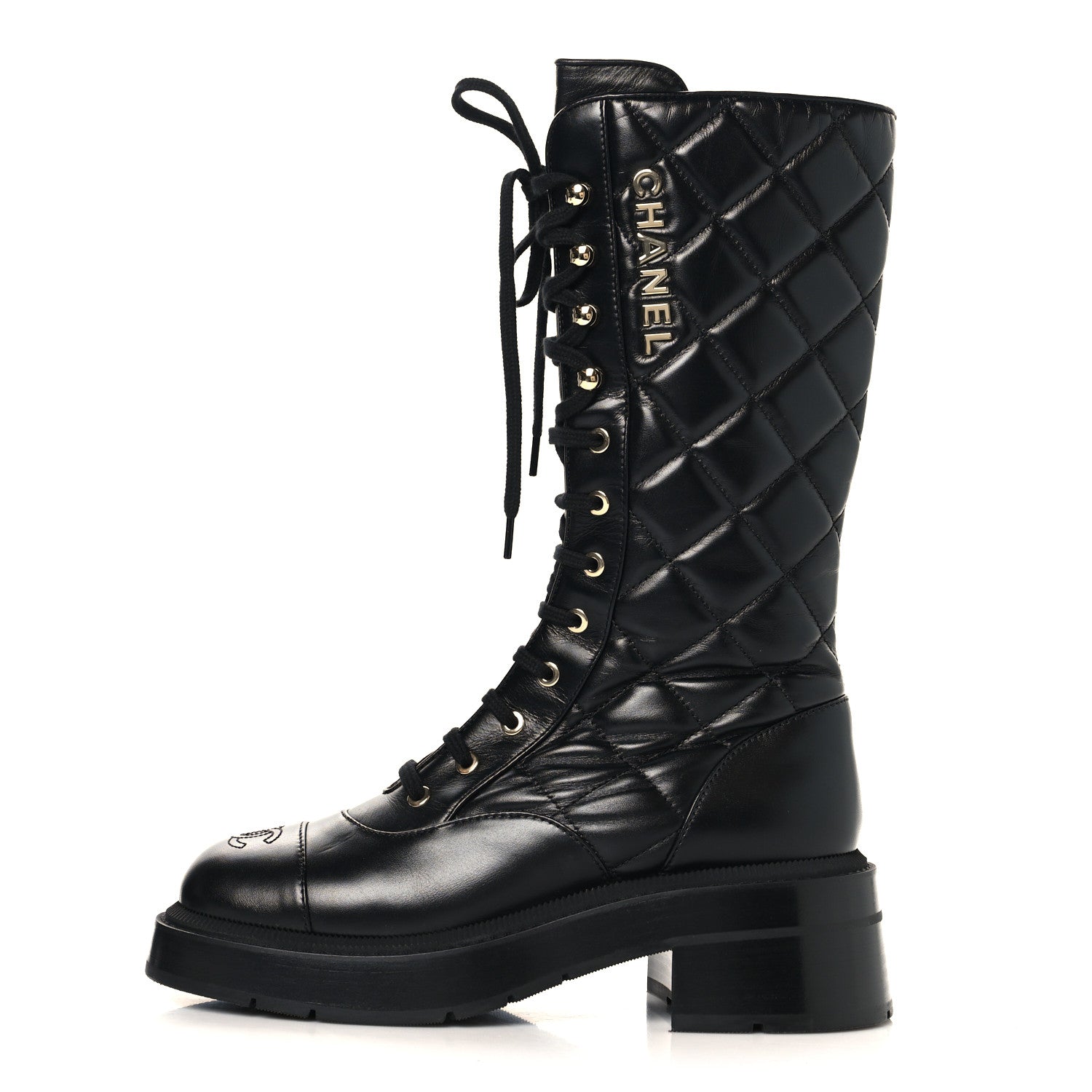 Chanel Calfskin Quilted Logo Lace Up Tall Combat Boots 37.5 Black 1 of 7