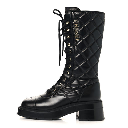 Chanel Calfskin Quilted Logo Lace Up Tall Combat Boots 37.5 Black 1 of 7