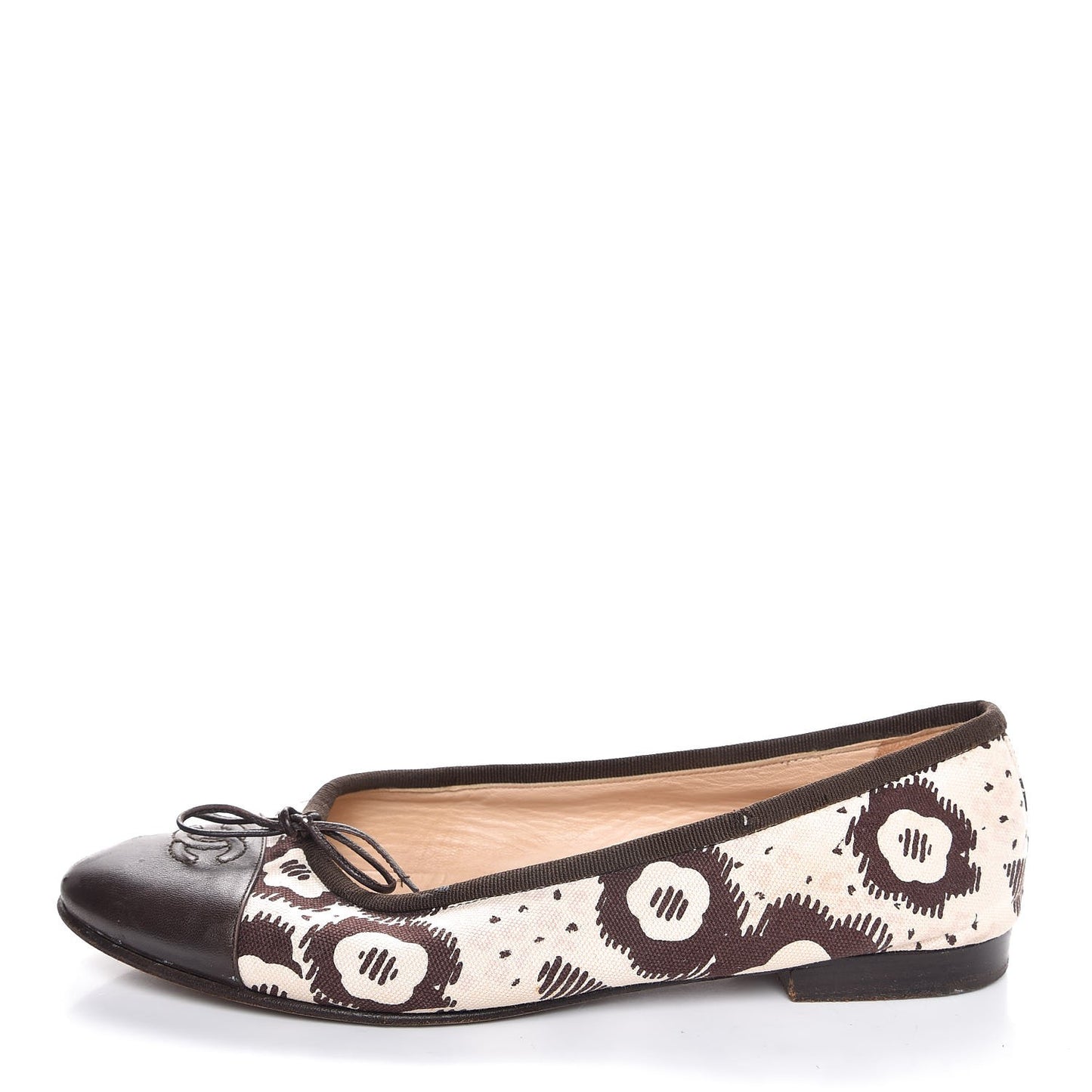 Lambskin Canvas Printed CC Cap Toe Ballerina Flats 39 Brown
