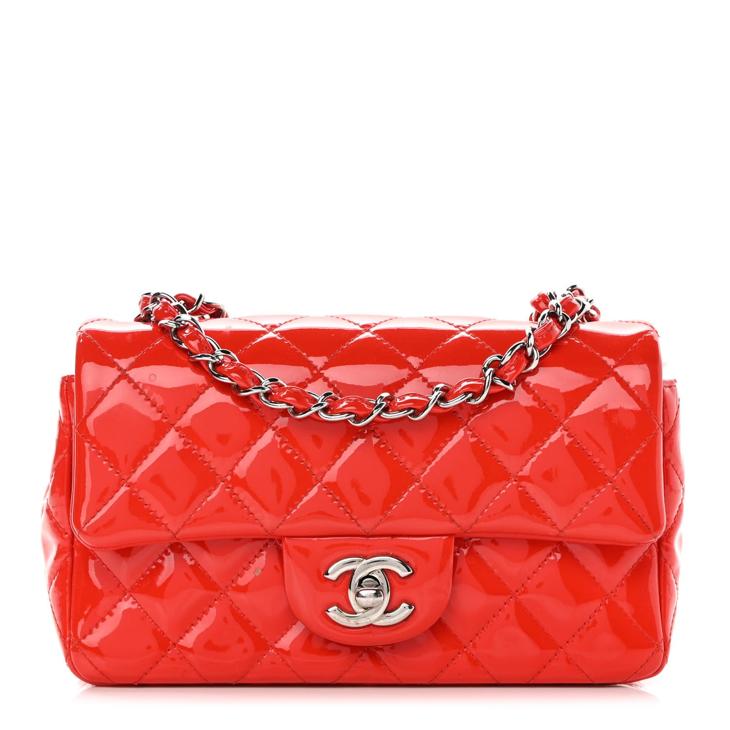 Patent Calfskin Quilted Mini Rectangular Flap Red