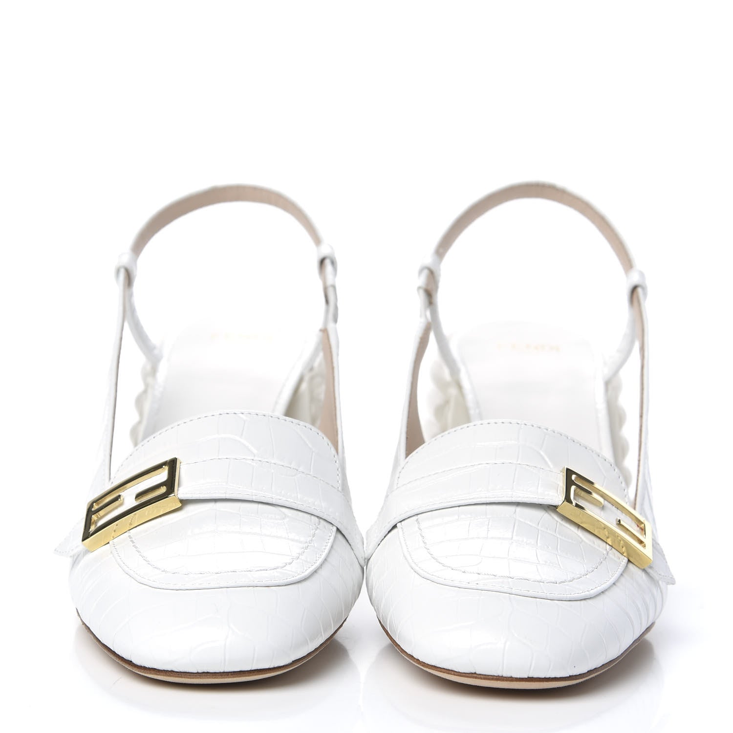 Fendi Calfskin Crocodile Embossed Promenade Slingback Loafer Pumps 37 White 2 of 8
