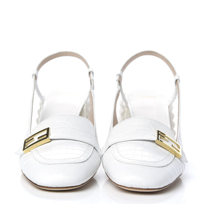 Fendi Calfskin Crocodile Embossed Promenade Slingback Loafer Pumps 37 White 2 of 8