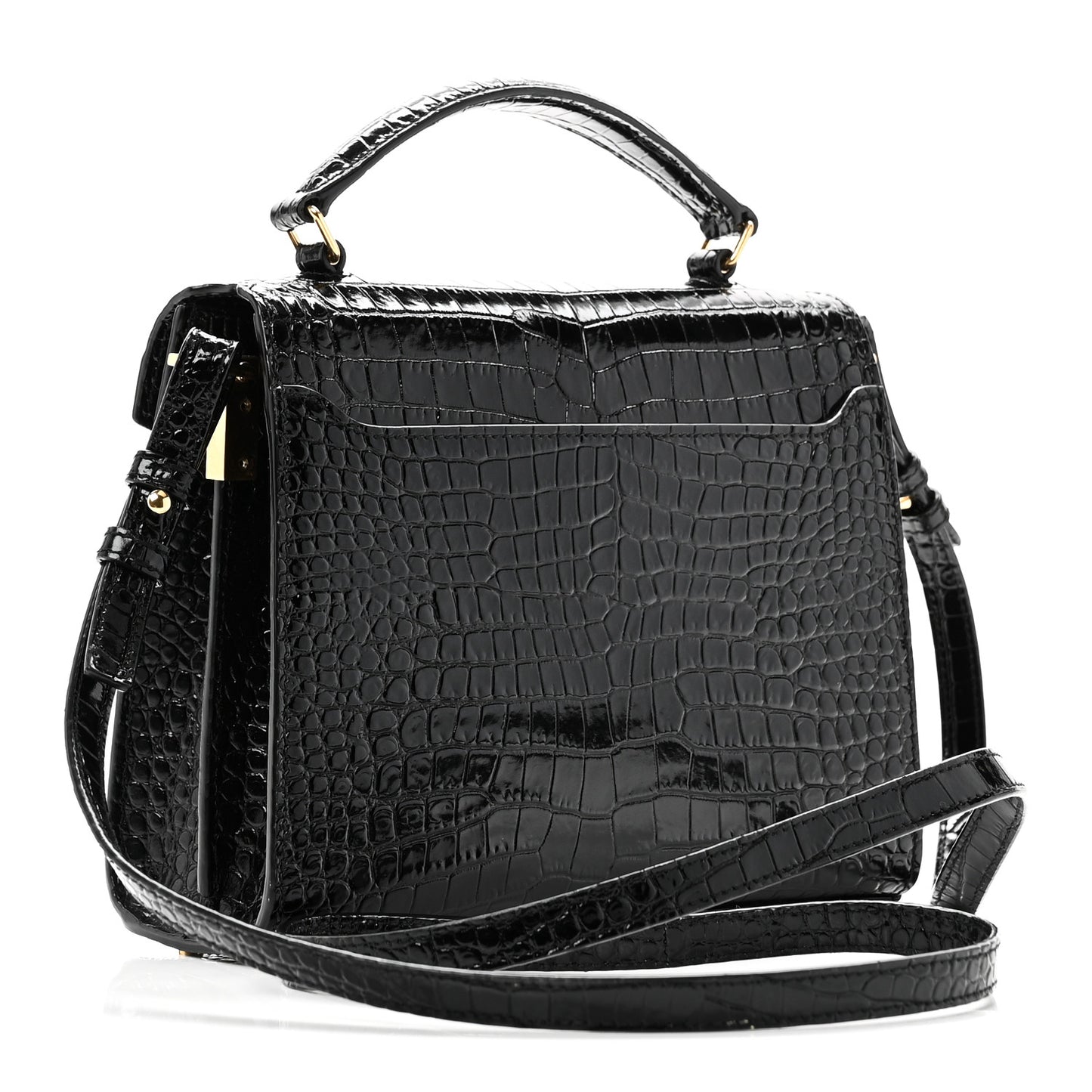 Calfskin Crocodile Embossed Mini Classic Monogram Cassandra Top Handle Black
