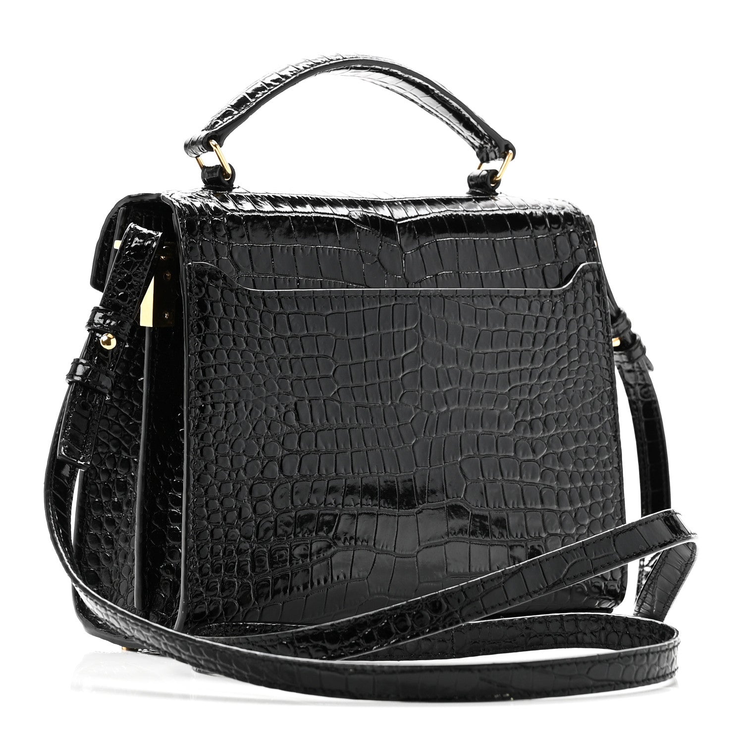 Saint Laurent Calfskin Crocodile Embossed Mini Classic Monogram Cassandra Top Handle Black 3 of 9