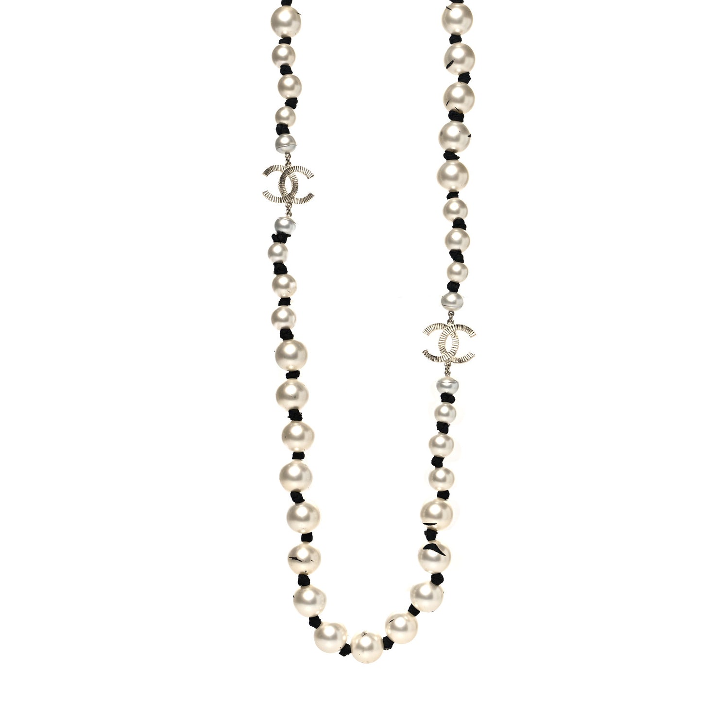 Pearl Grosgrain CC Long Necklace Gold