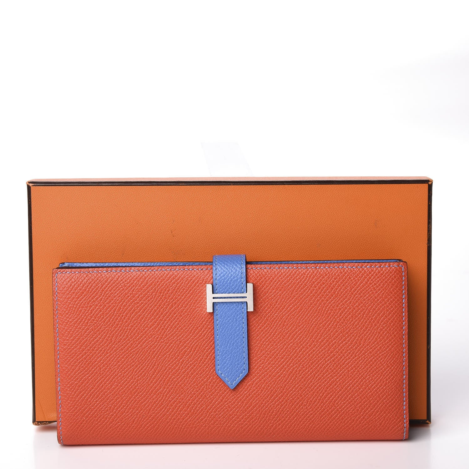 Hermes Epsom Bicolor Bearn Gusset Wallet Orange Poppy Bleu Paradis 9 of 9