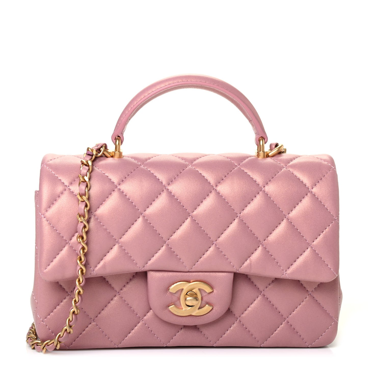 Iridescent Lambskin Quilted Mini Top Handle Rectangular Flap Pink