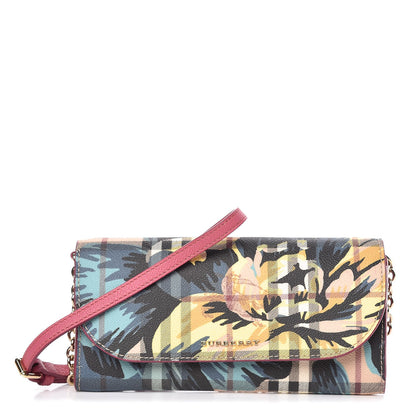 Burberry Haymarket Check Floral Print Henley Wallet On Chain Plum Pink Pewter Blue 1 of 8