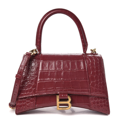 Balenciaga Shiny Calfskin Crocodile Embossed Small Hourglass Top Handle Bag Dark Red 1 of 11