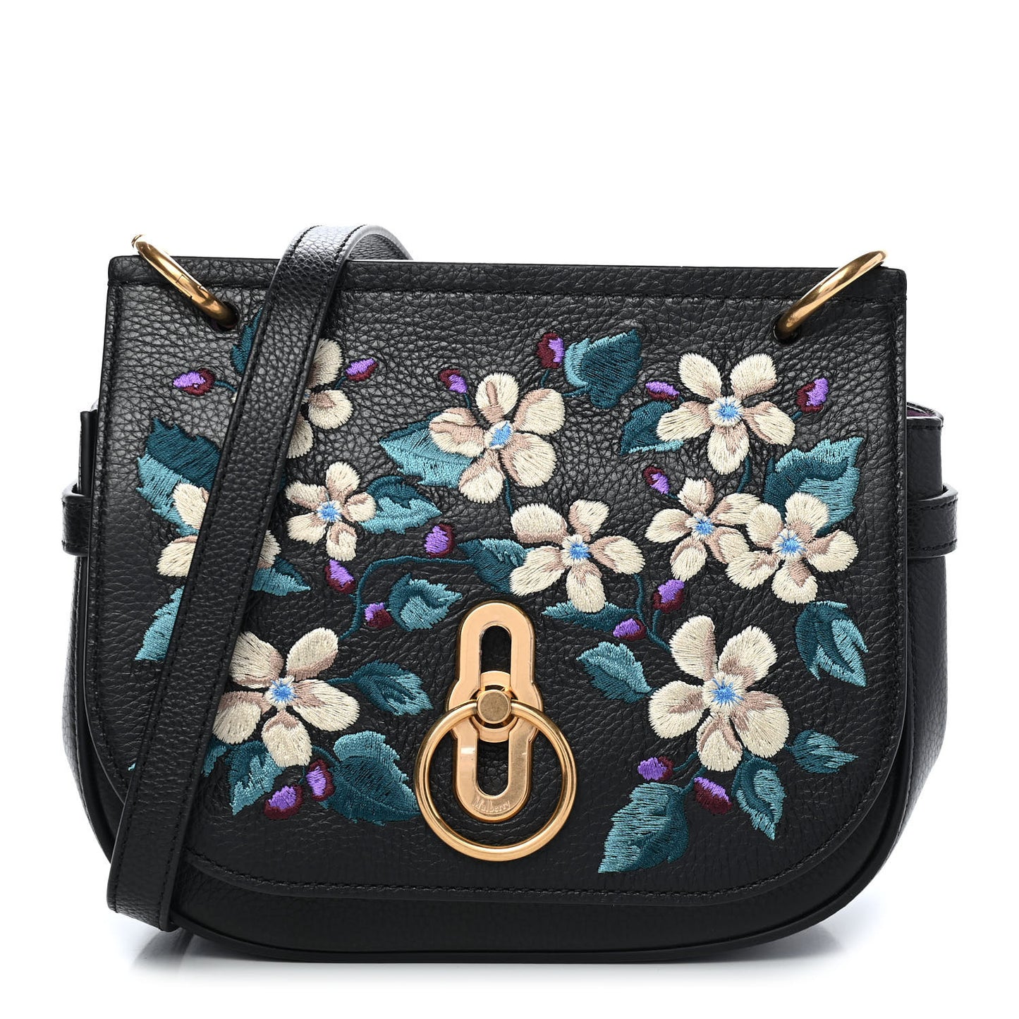 Classic Grain Calfskin Embroidered Floral Amberley Satchel Black