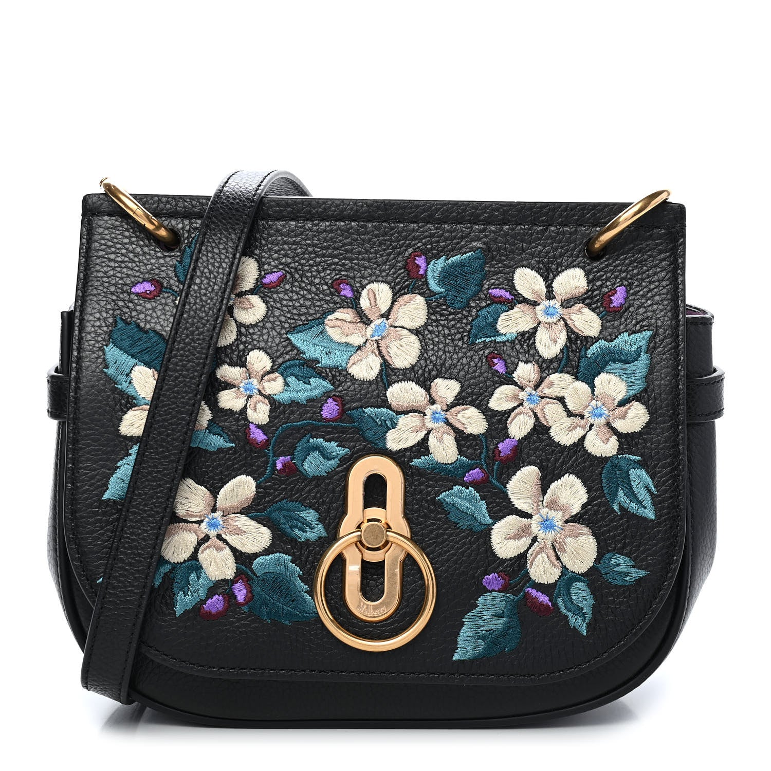 Mulberry Classic Grain Calfskin Embroidered Floral Amberley Satchel Black 1 of 8
