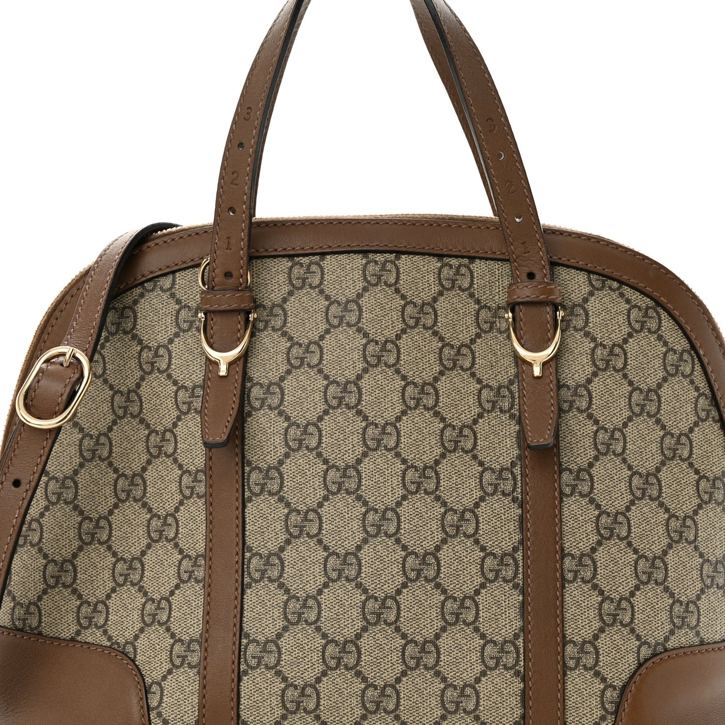 GG Supreme Monogram Margaux Calfskin Small Nice Top Handle Dome Bag Beige Ebony Acero