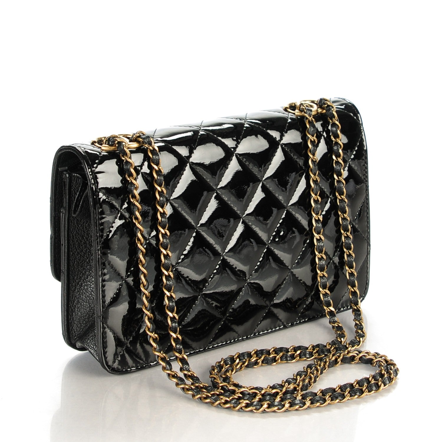 Chanel Patent Goatskin Quilted CC Eyelet Wallet On Chain Black 3 of 7