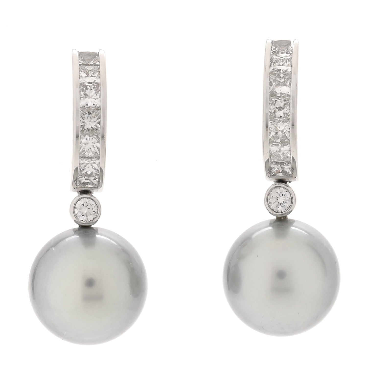 Mikimoto 18K White Gold Diamond South Sea Grey Cultured Pearl 9.5-10mm Hoop Drop Earrings 1 of 4