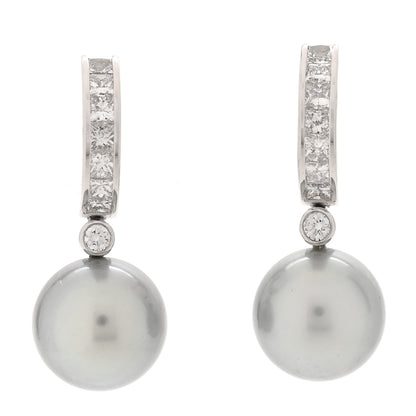 Mikimoto 18K White Gold Diamond South Sea Grey Cultured Pearl 9.5-10mm Hoop Drop Earrings 1 of 4