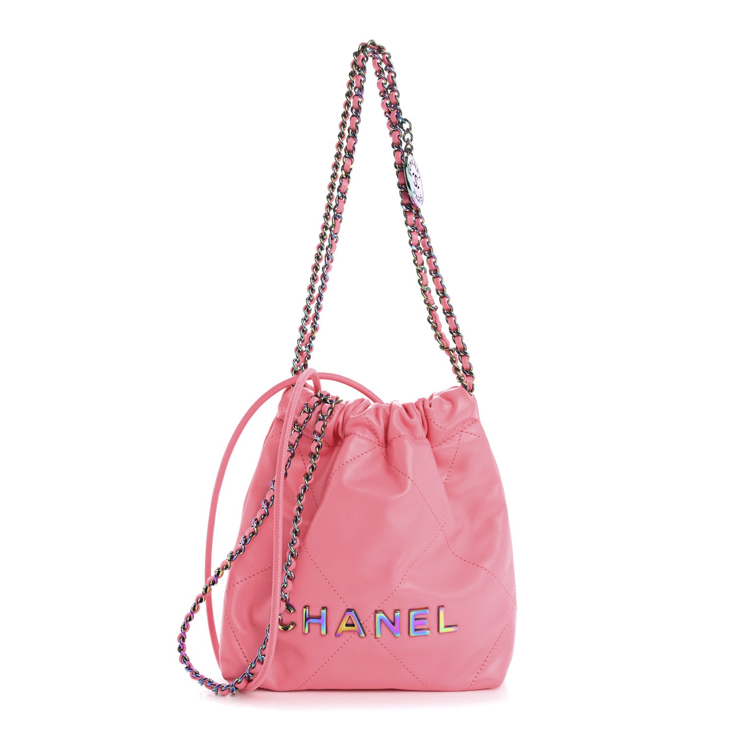 Chanel Shiny Calfskin Quilted Rainbow Metal Mini Chanel 22 Coral Pink 1 of 11