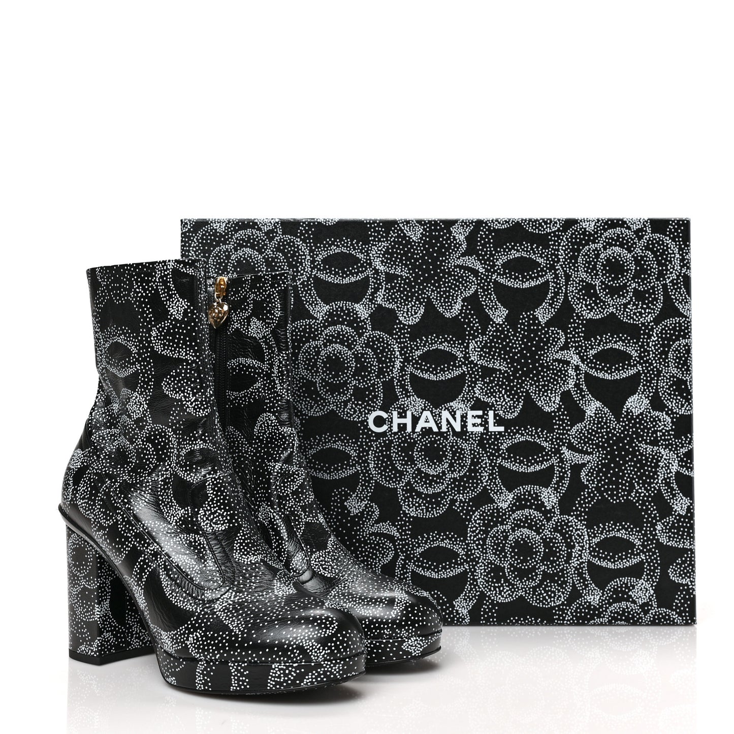 Calfskin Camellia Printed Ankle Boots 38.5 Black White