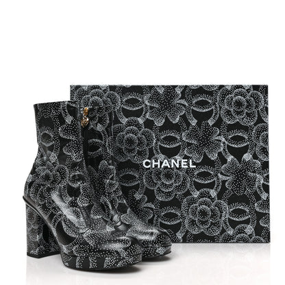 Chanel Calfskin Camellia Printed Ankle Boots 38.5 Black White 7 of 7