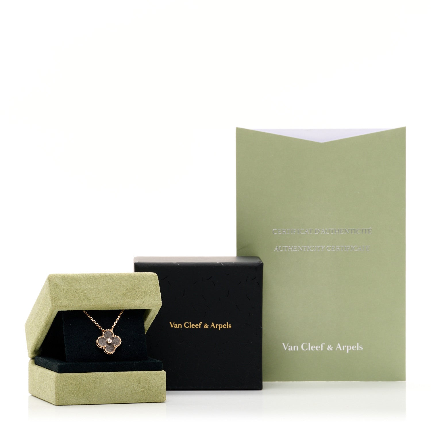 Van Cleef & Arpels 18K Rose Gold Diamond Silver Obsidian Vintage Alhambra Pendant Necklace 5 of 5