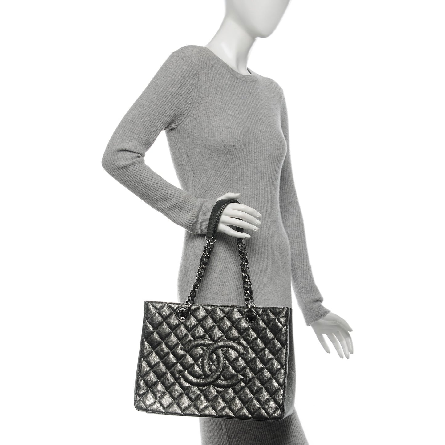 Metallic Caviar Quilted Grand Shopping Tote GST Dark Silver