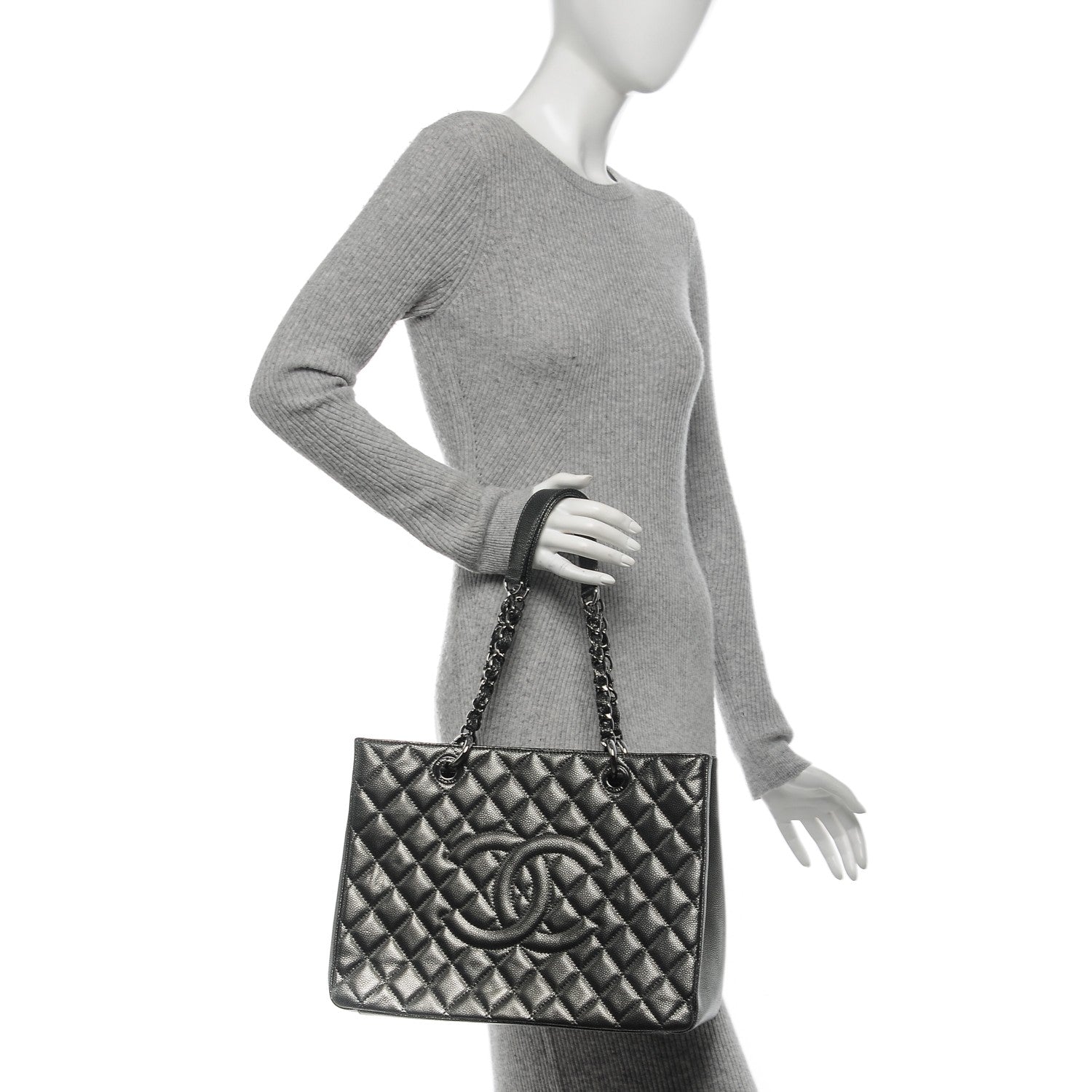 Chanel Metallic Caviar Quilted Grand Shopping Tote GST Dark Silver 2 of 7