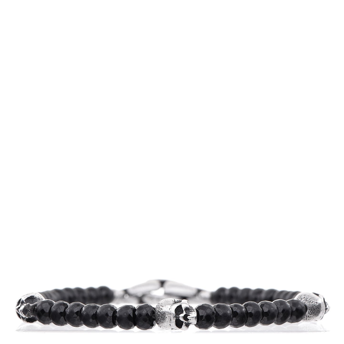 Sterling Silver Black Spinel 5mm Spiritual Beads Skull Station Bracelet M