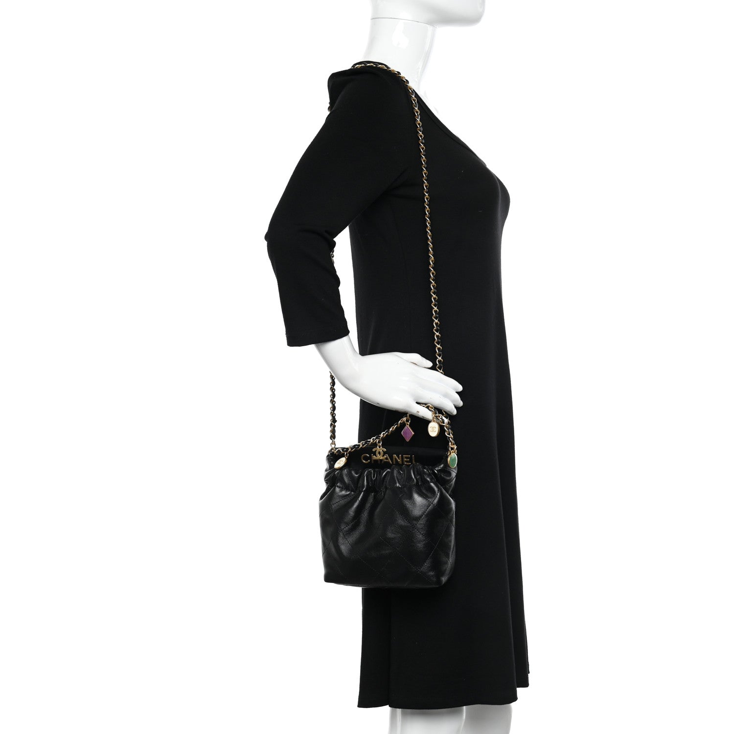 Chanel Lambskin Resin Quilted Small Bucket Bag Black 2 of 10